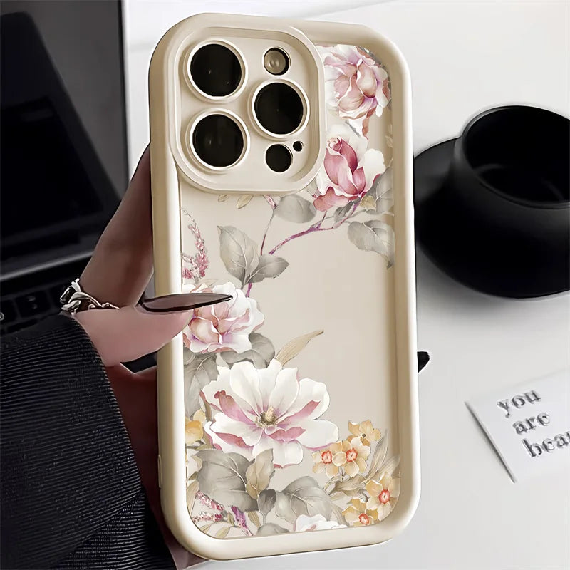 Liquid Silicone Case For iPhone 16 Pro Case iPhone 17 Pro Max 16 13 14 15 12 11 ProMax 17 Air 16 15 Plus Floral Shockproof Cover