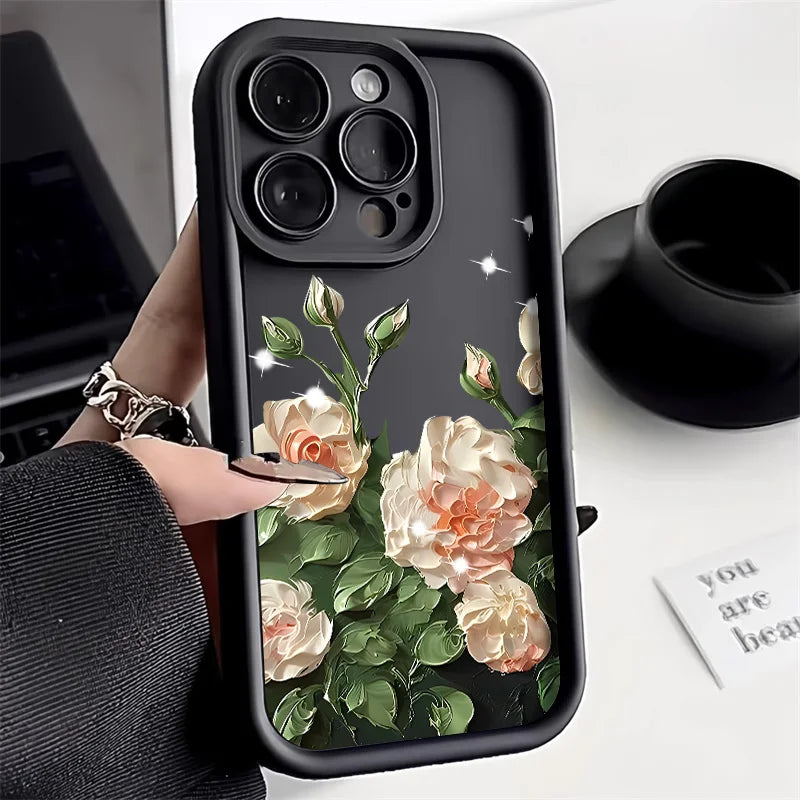 Liquid Silicone Case For iPhone 16 Pro Case iPhone 17 Pro Max 16 13 14 15 12 11 ProMax 17 Air 16 15 Plus Floral Shockproof Cover