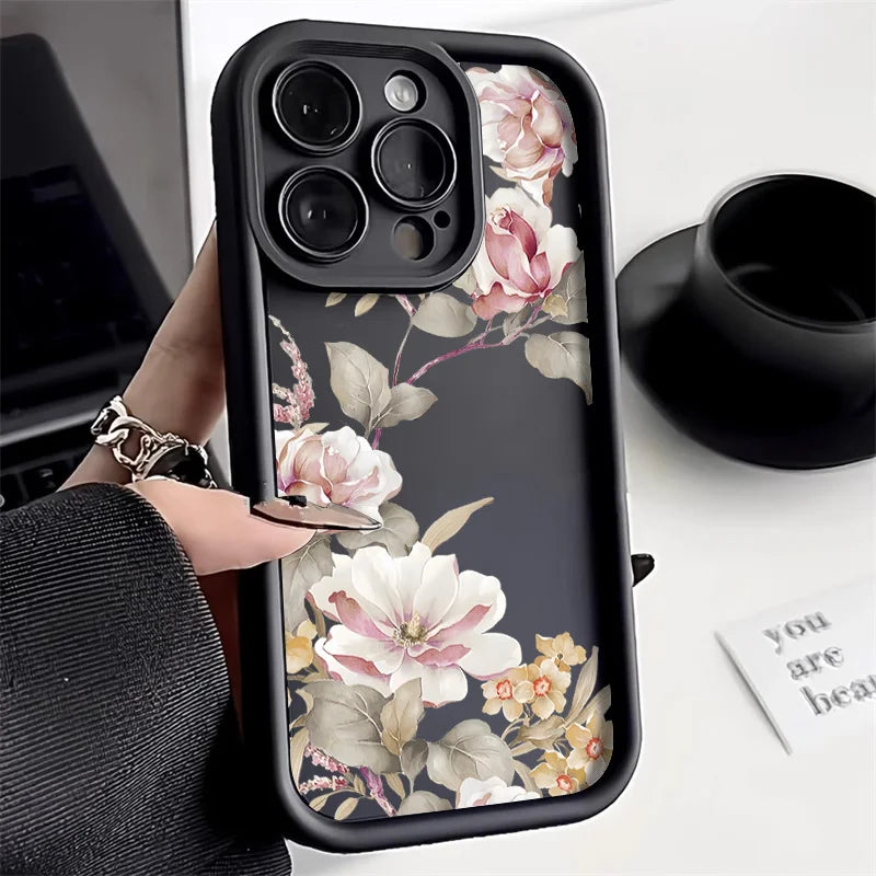 Liquid Silicone Case For iPhone 16 Pro Case iPhone 17 Pro Max 16 13 14 15 12 11 ProMax 17 Air 16 15 Plus Floral Shockproof Cover